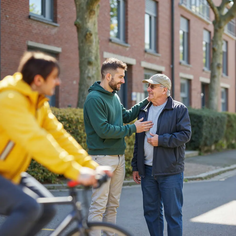 Jonge man begroet oude man op straat
