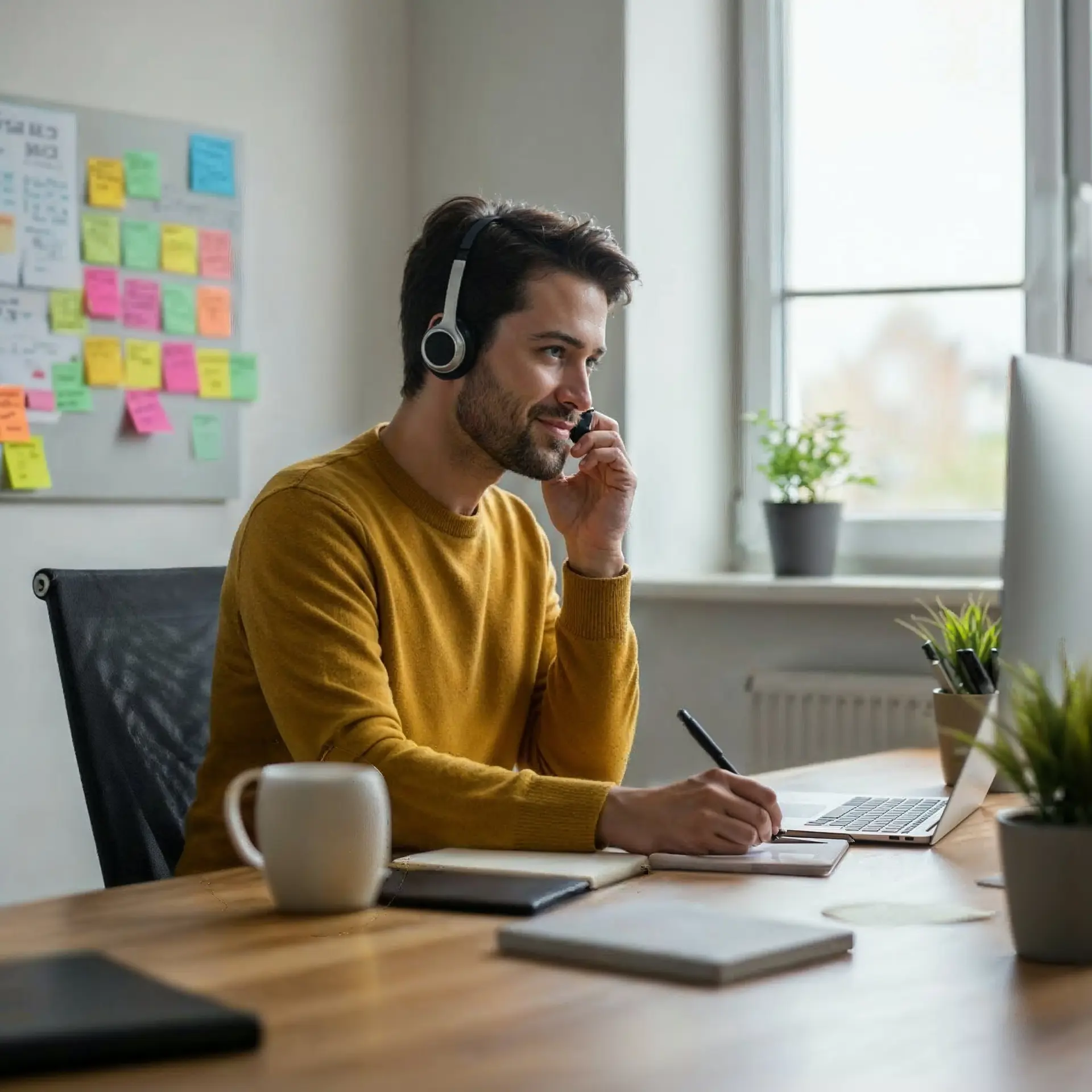 Werkende man met headset achter computer en schrijft mee