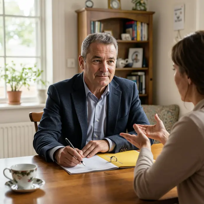 Man op huisbezoek bij vrouw, schijft in rapport