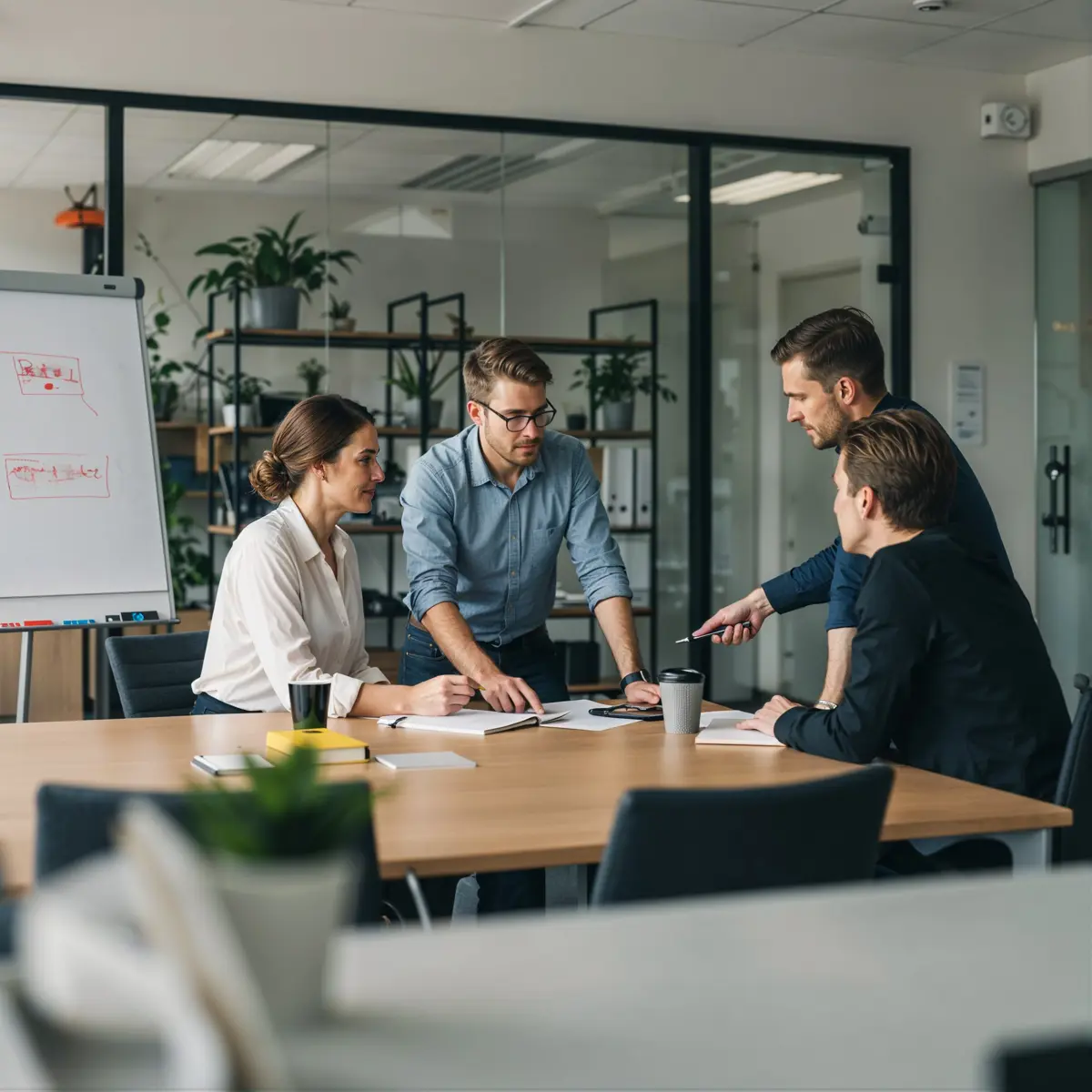 Groep collega's in vergadering, 1 wijst naar papier