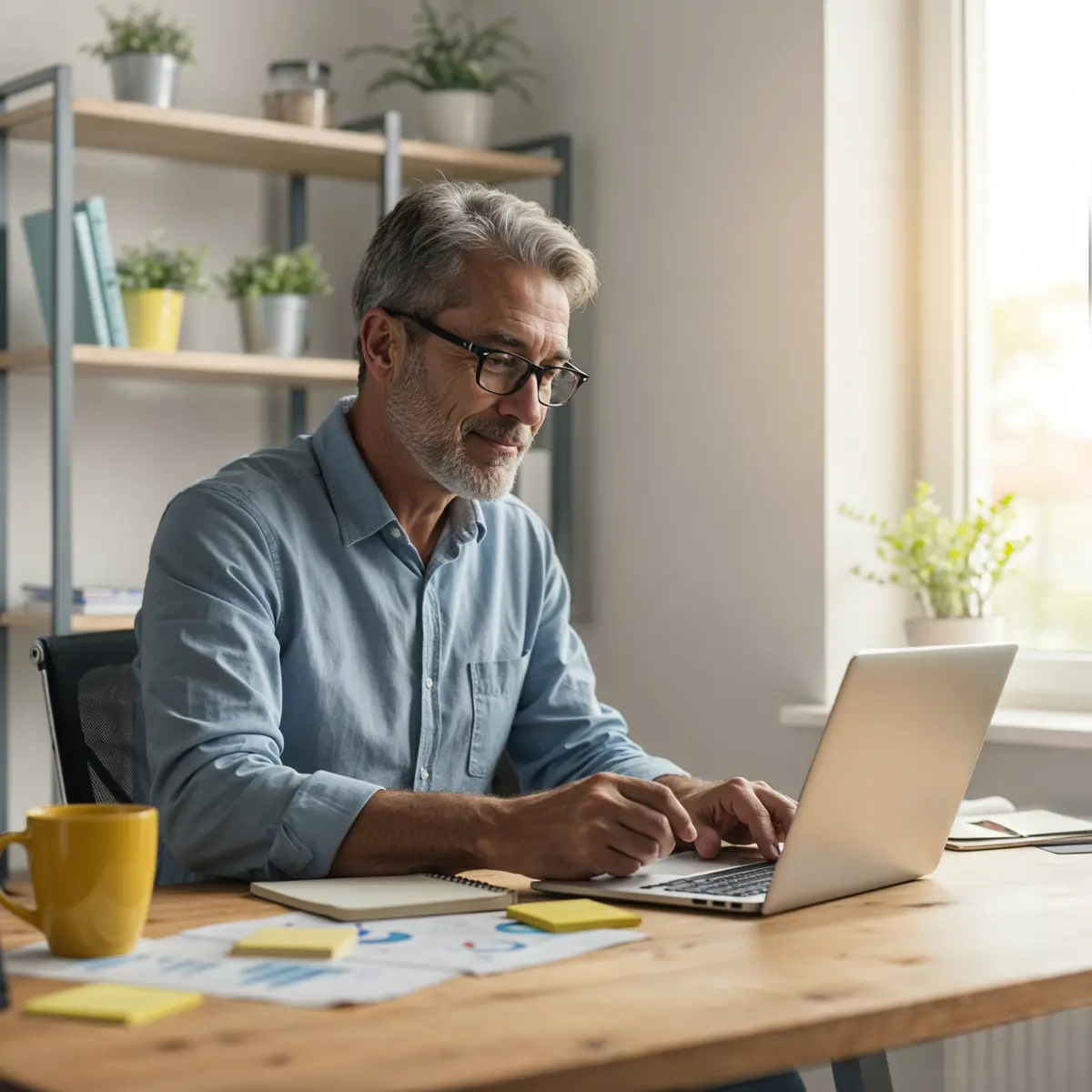 Werkende man achter laptop
