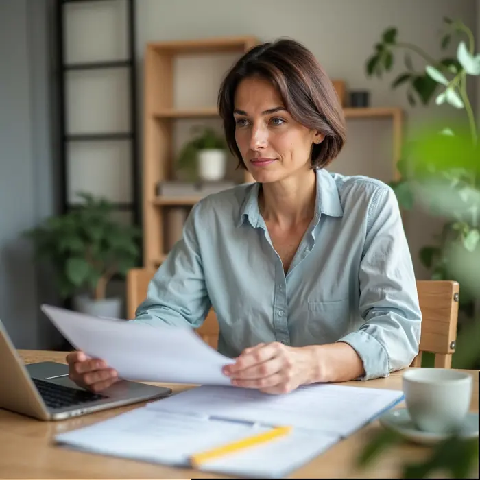 Vrouw thuis achter laptop met brief