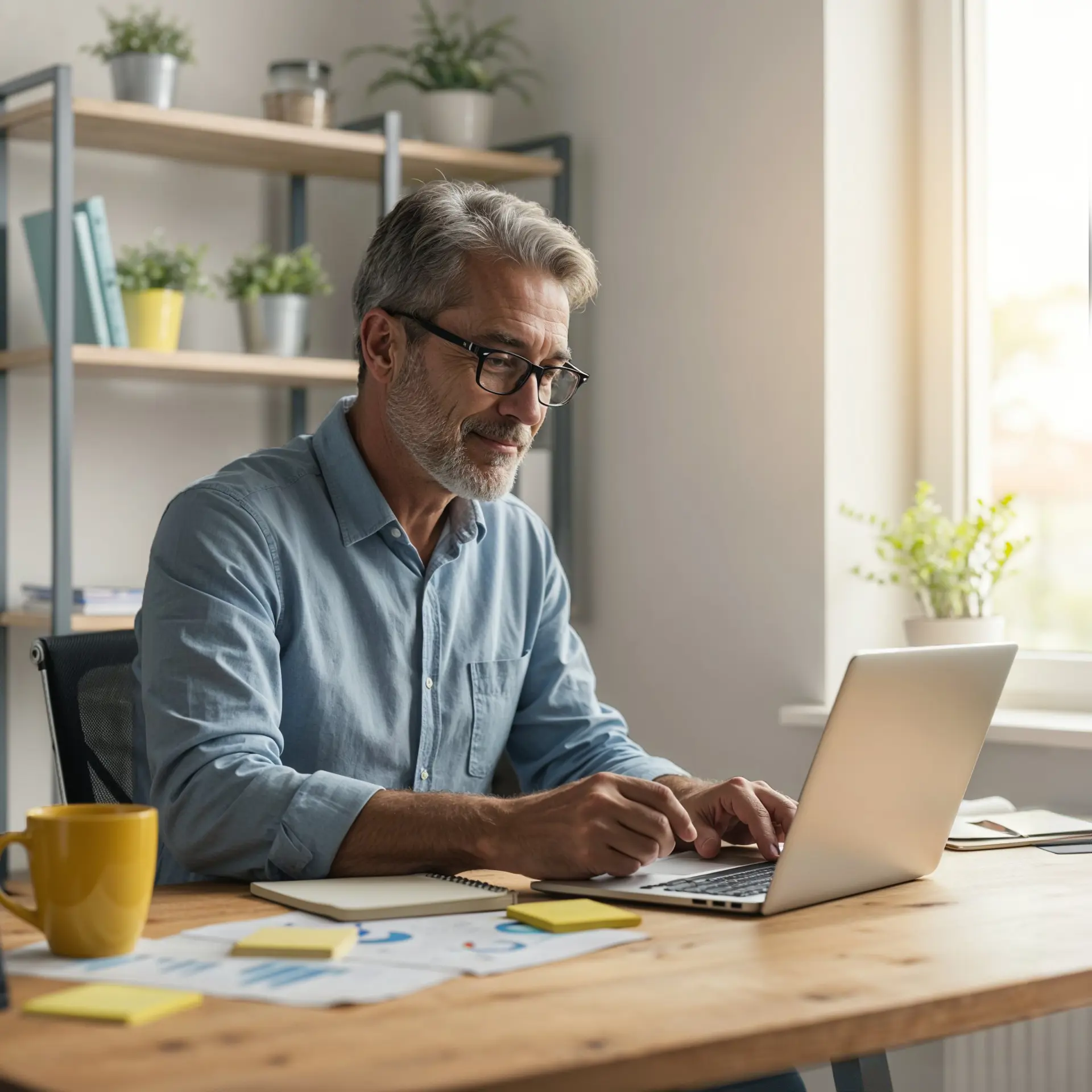 Werkende man achter laptop